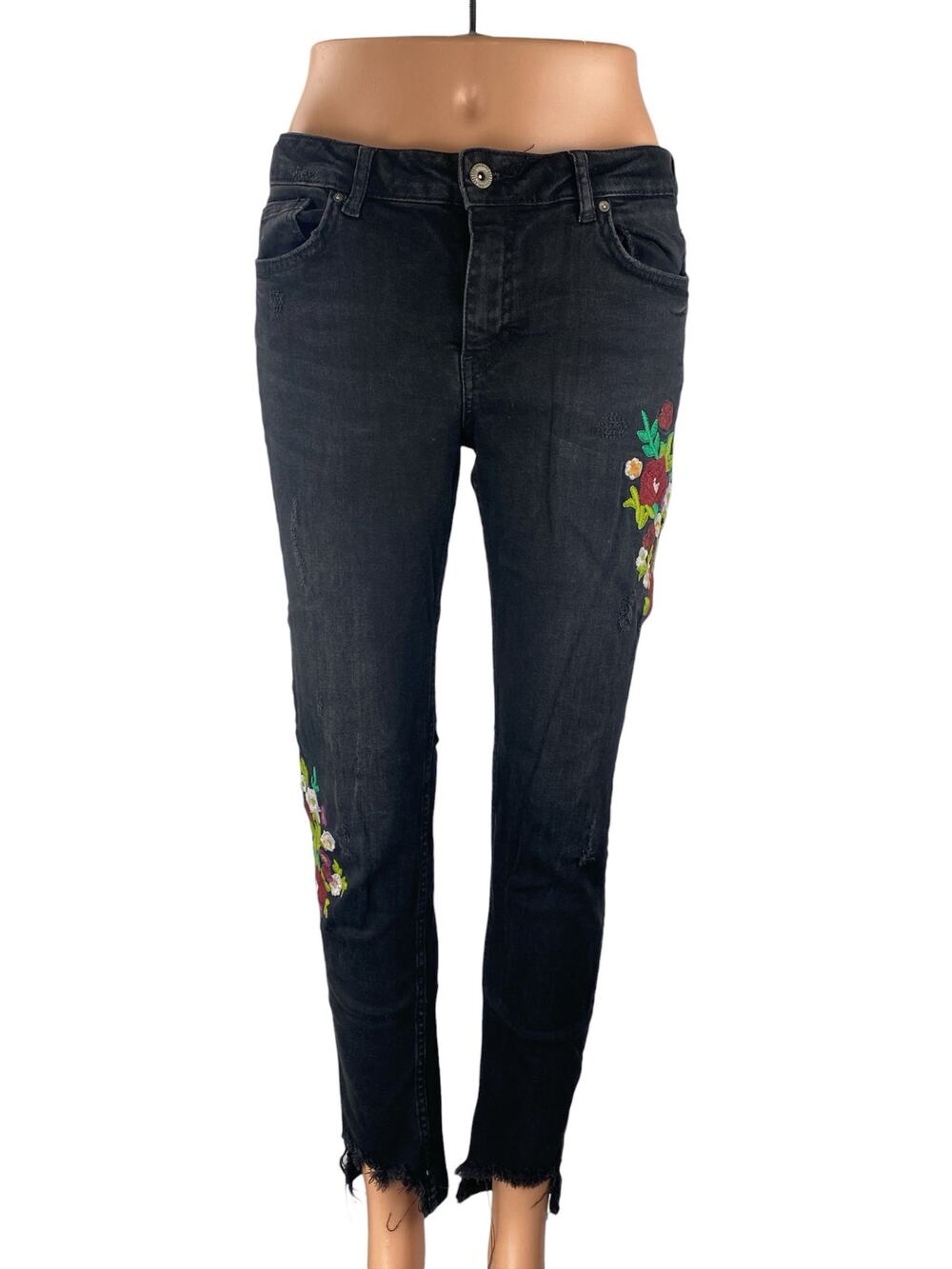 Zara Women's Black Floral Patch Embroidered Mid Rise Skinny Denim Jeans Size 8